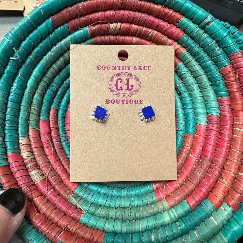 Royal Blue Lapis Square Little Ball Stud Genuine Earring