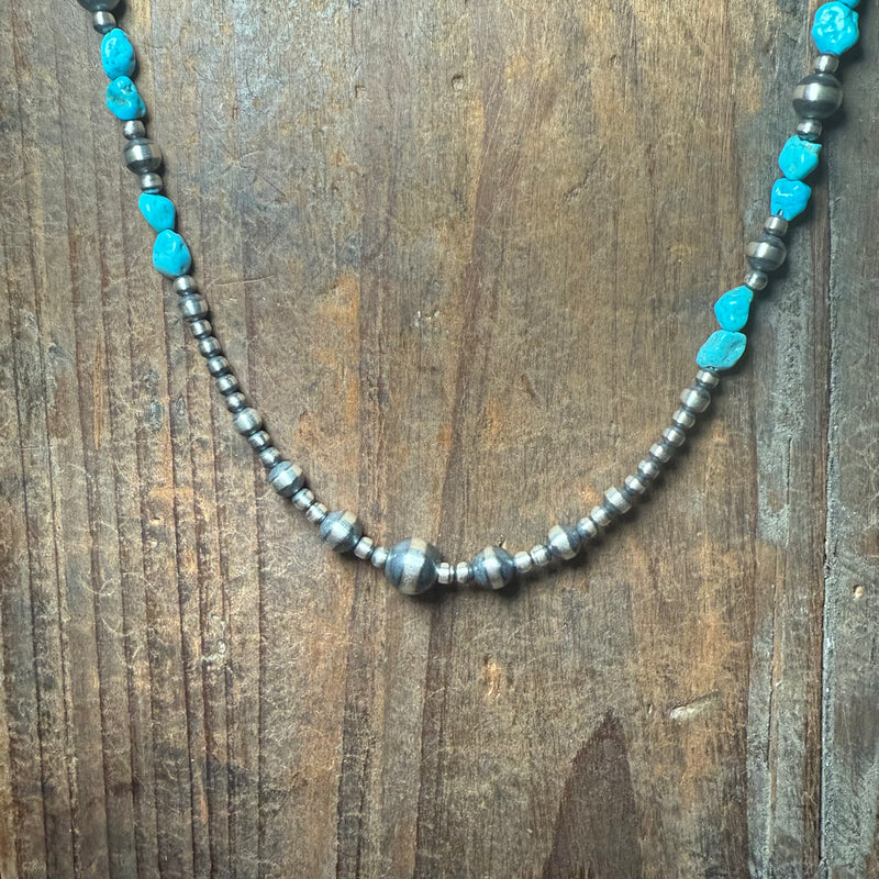 20 inch 3, 4, 5, 6mm Navajo Pearl w/ Turquoise Patterned Genuine Necklace