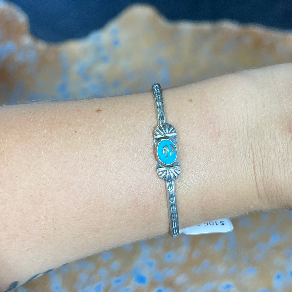 Blue Turquoise with Hammered Detail Genuine Sterling Silver Cuff Bracelet.