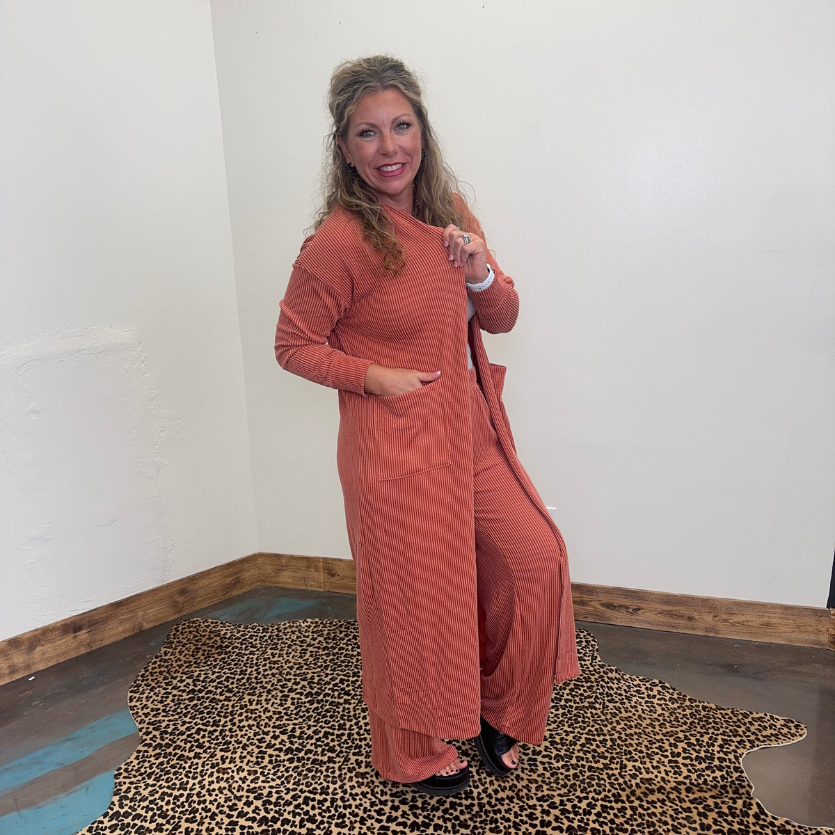 Terracotta Orange Ribbed Duster Cardigan