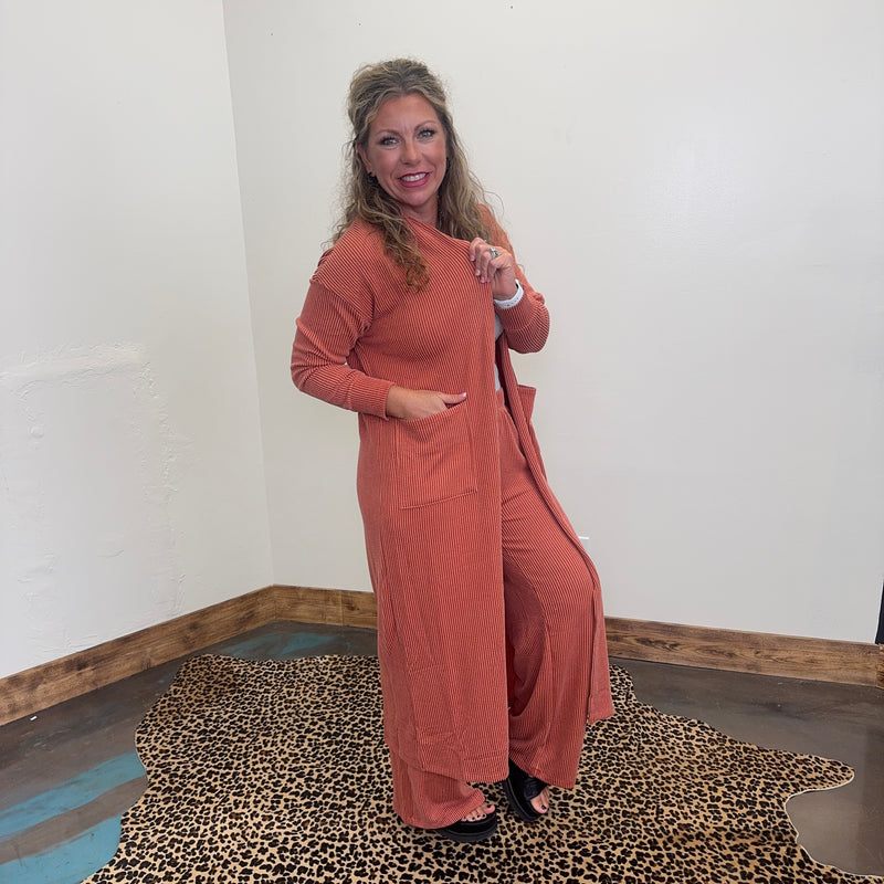 Terracotta Orange Ribbed Duster Cardigan