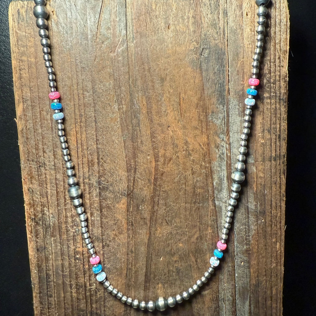 22 inch Patterned Navajo Pearl w/ Hot Pink, Blue, and White Opal Sterling Silver Necklace - Country Lace Boutique