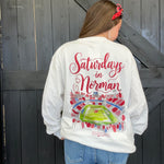 Person wearing a sweatshirt with 'Saturdays in Norman' design on the back.