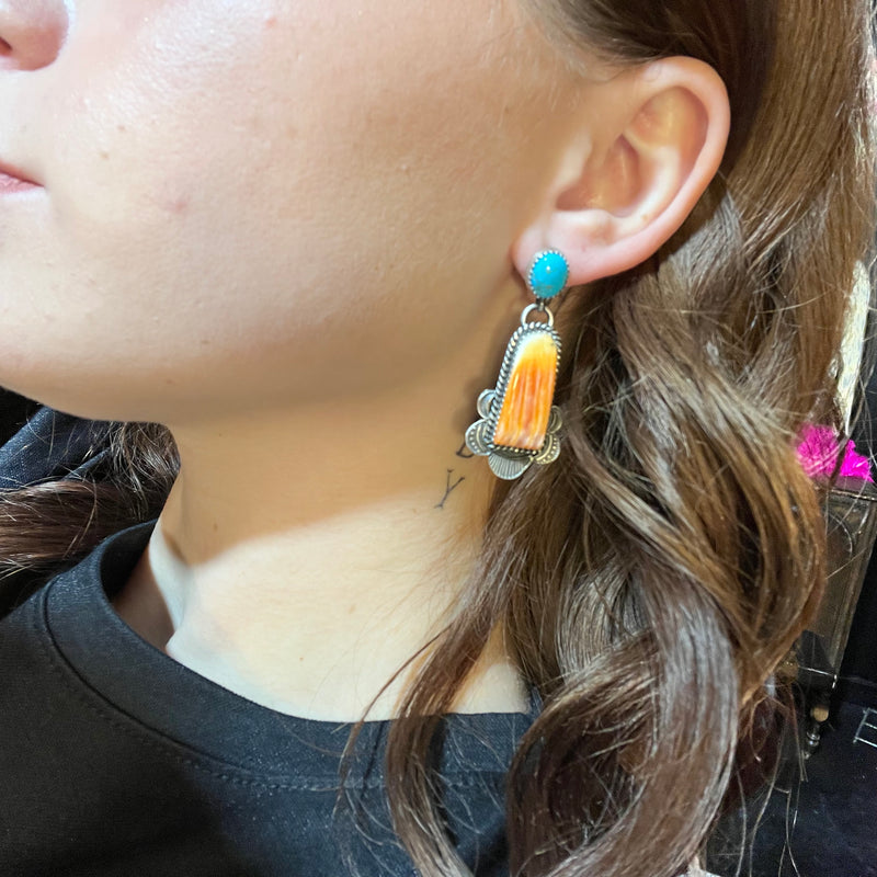Turquoise and Orange Spiny Teardop Genuine Earrings