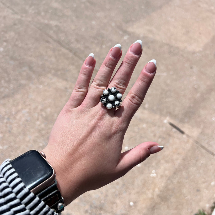 White Buffalo Cluster Adjustable Sterling Silver Ring