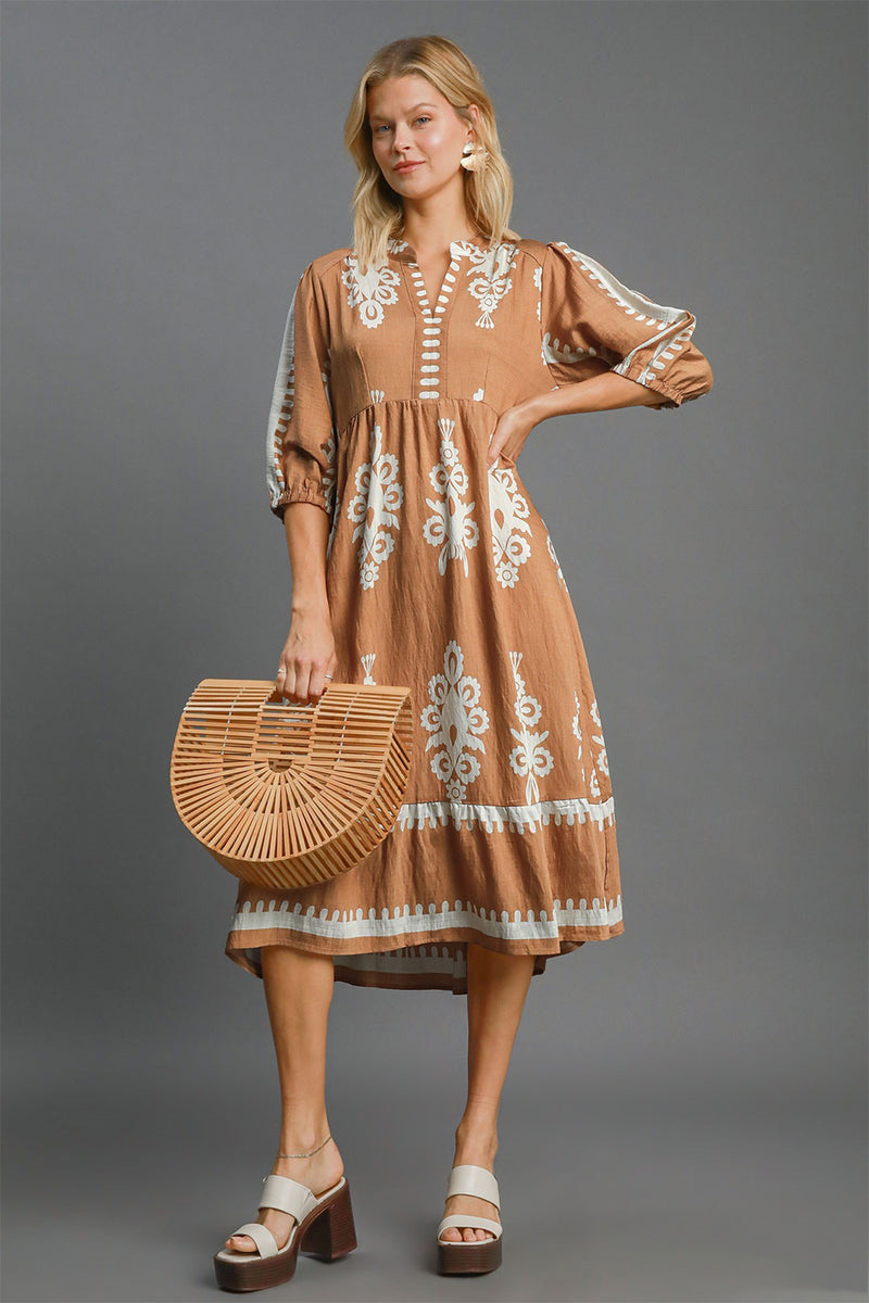 Camel Printed Notched Midi Dress