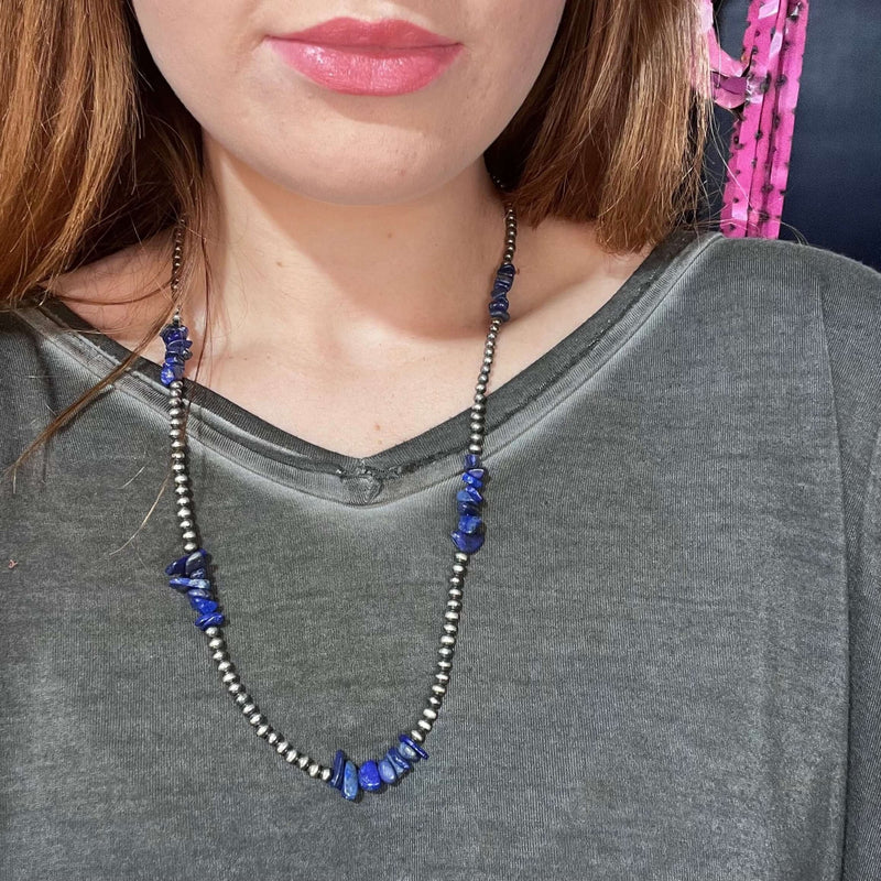 24 Inch 4mm Navajo Pearl with Chipped Blue Lapis Sterling Silver Necklace - Country Lace Boutique
