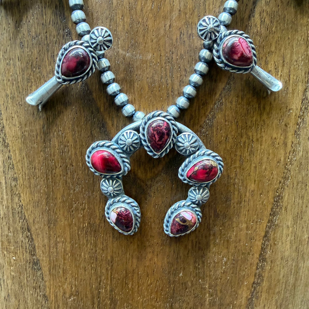 24 inch Rose Dahlia Squash Blossom with 5mm Navajo Pearls Sterling Silver Necklace - Country Lace Boutique