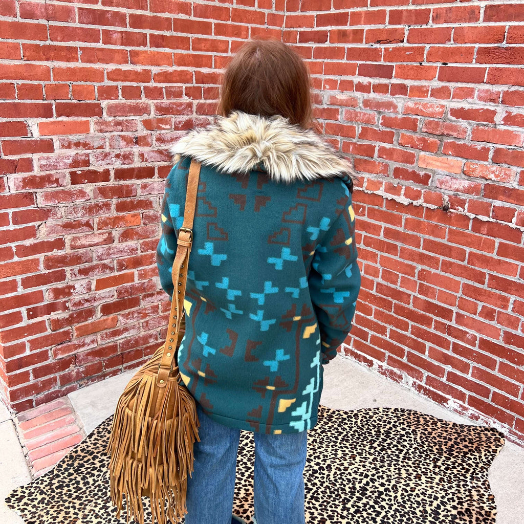 Short Turquoise Print Fur Jacket