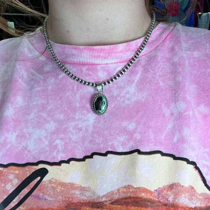 Oval Authentic Black Jack Turquoise Sterling Silver Detail Necklace Pendant