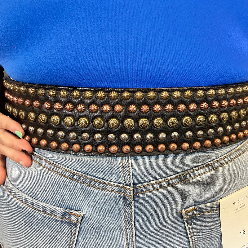 Black Leather with Gold Silver & Brass Studs Belt