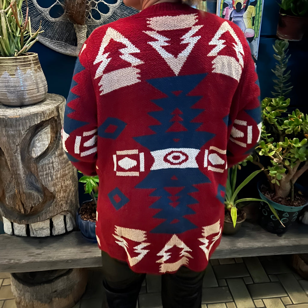 Maroon Aztec Sweater Duster