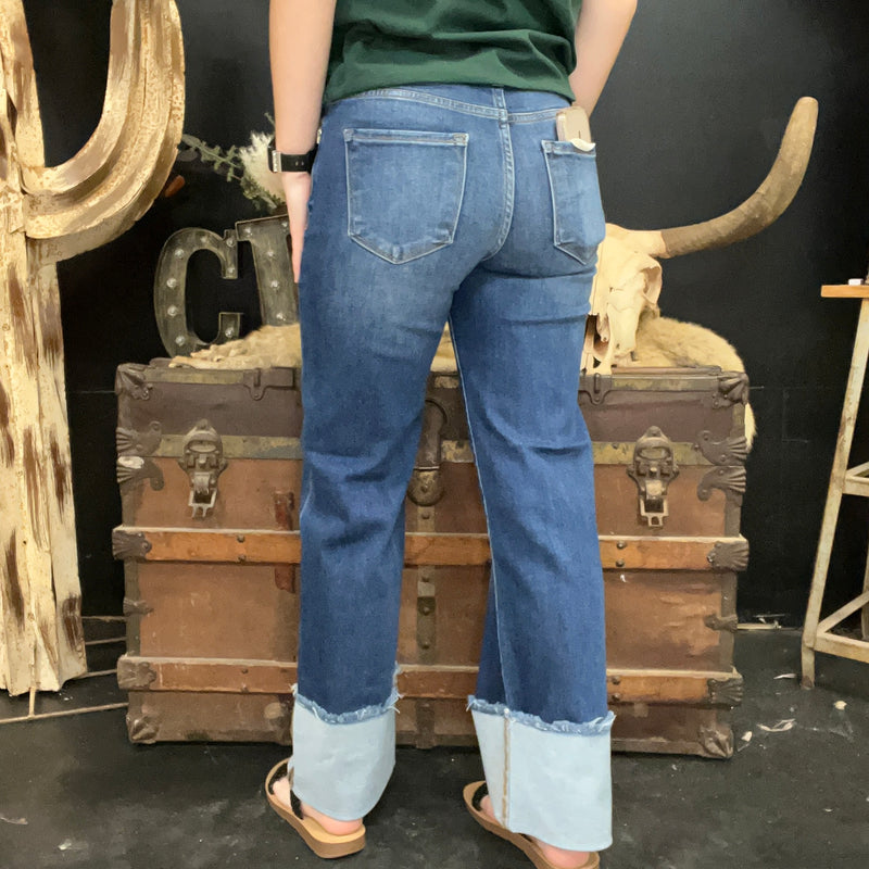 Dark Mid Rise Crop Wide-Wide Cuffed Risen Jeans