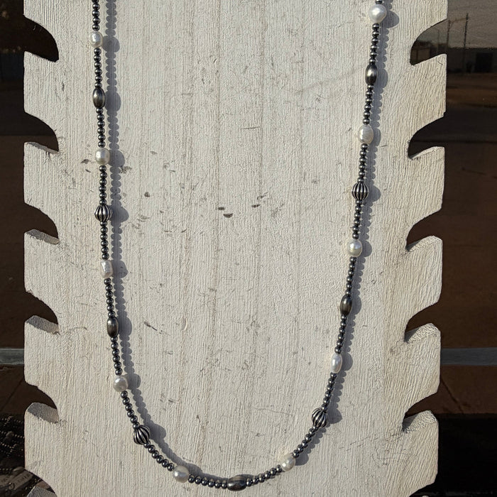 26 inch Navajo Pearl, Fresh Water Pearls & Assorted Beads Patterned Sterling Silver Navajo Pearl Necklace w/ 2 inch extender - Country Lace Boutique