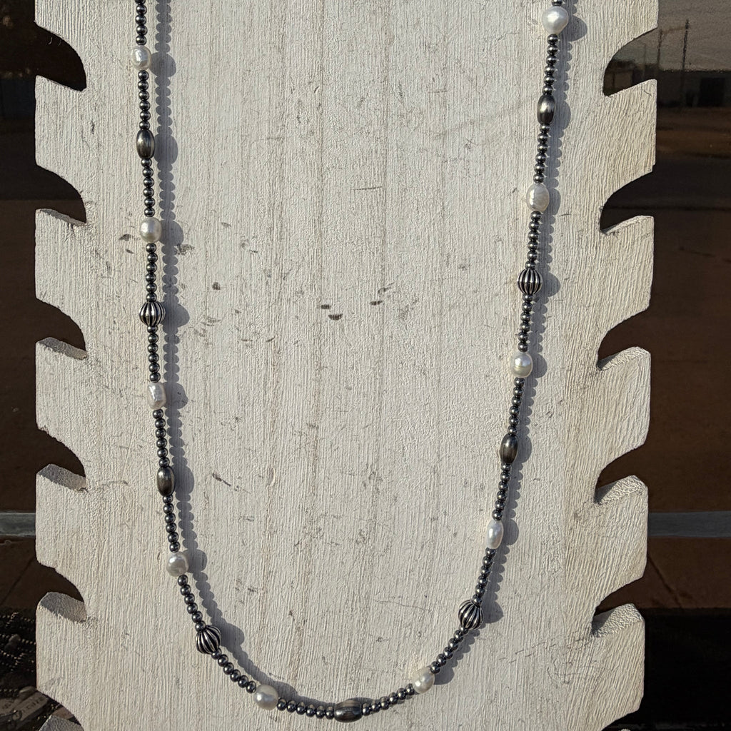 26 inch Navajo Pearl, Fresh Water Pearls & Assorted Beads Patterned Sterling Silver Navajo Pearl Necklace w/ 2 inch extender - Country Lace Boutique