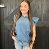 Mock Ruffle Trim Denim Cap Sleeve Top