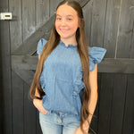 Mock Ruffle Trim Denim Cap Sleeve Top