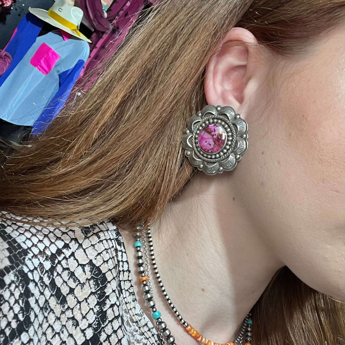Pink Dahlia Fancy Round Post Sterling Silver Earring