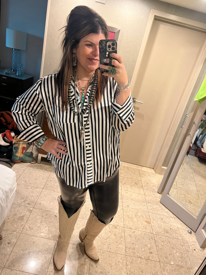 Black and White Striped Satin Button Down Long Sleeve Top