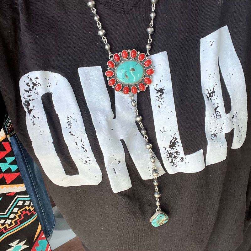 Authentic Red Spiny & Turquoise Cluster Lariat with Contemporary Navajo Pearls Sterling Silver Necklace