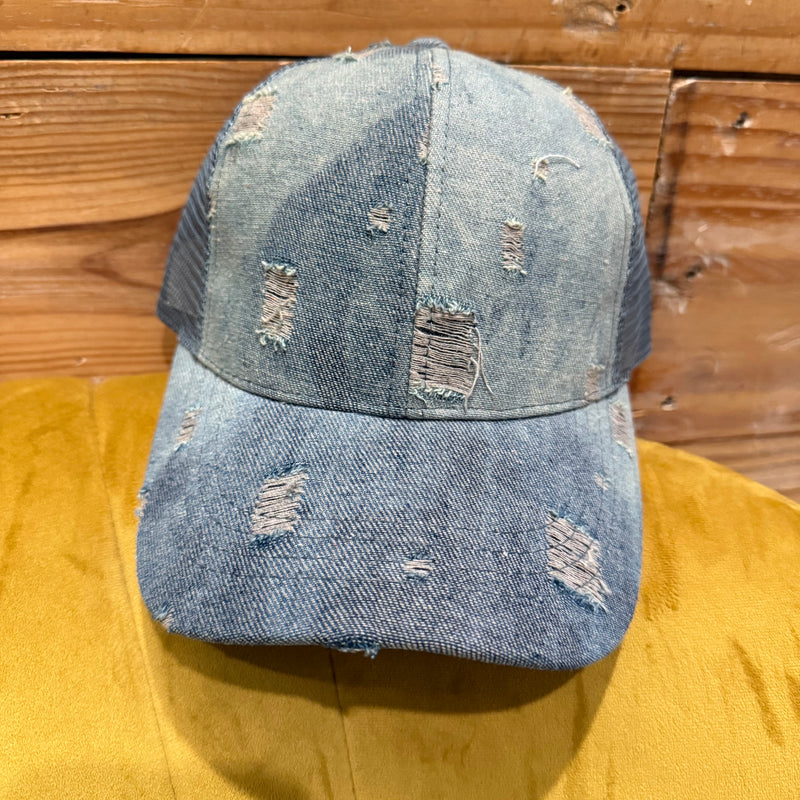 Blue Denim Distressed Pony Tail C.C.Hat