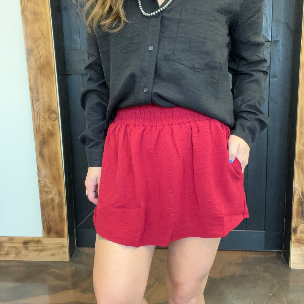 Maroon Smocked High Waisted Skort with Pockets