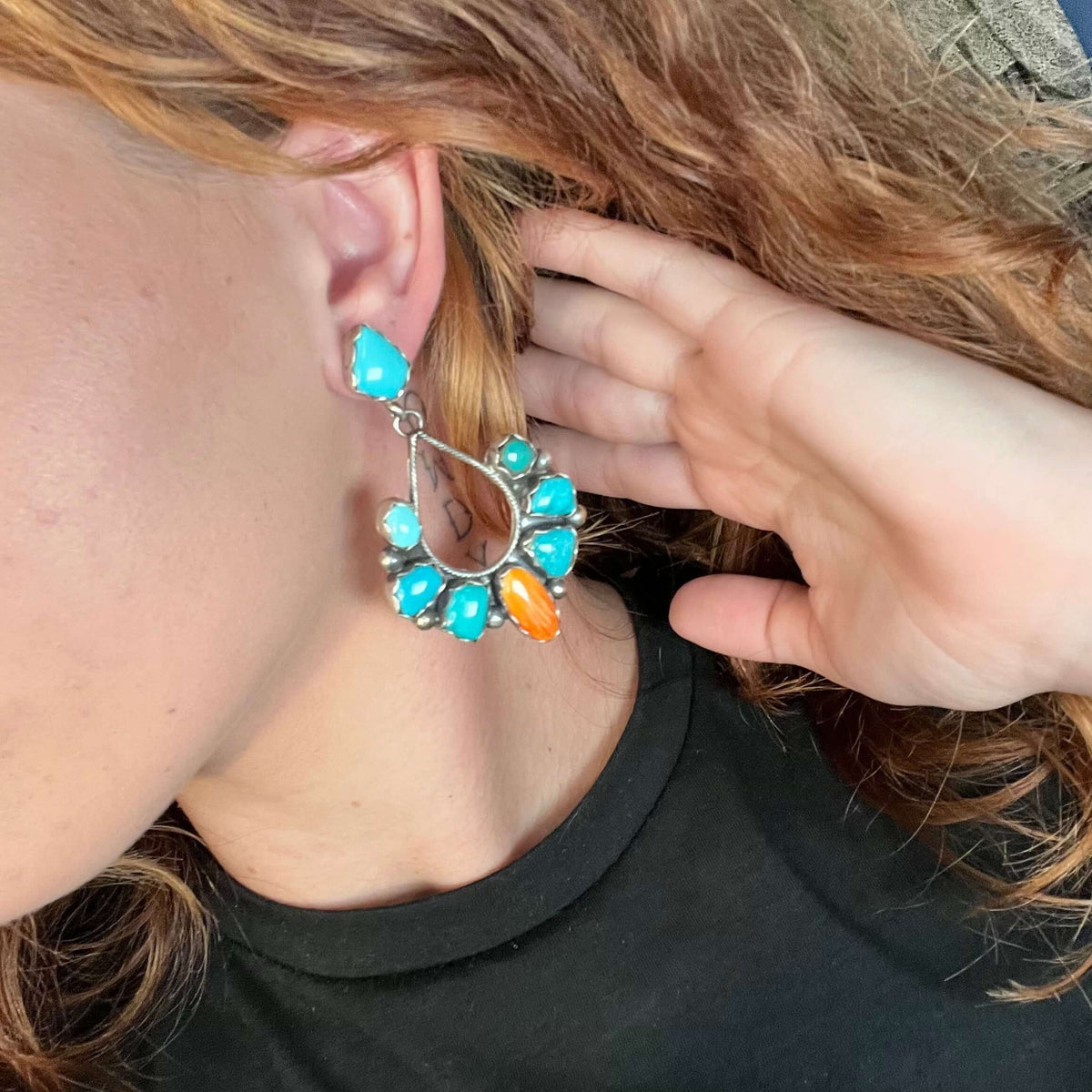 Stunning Statement Turquoise with Orange Spiny Post Sterling Silver Earring