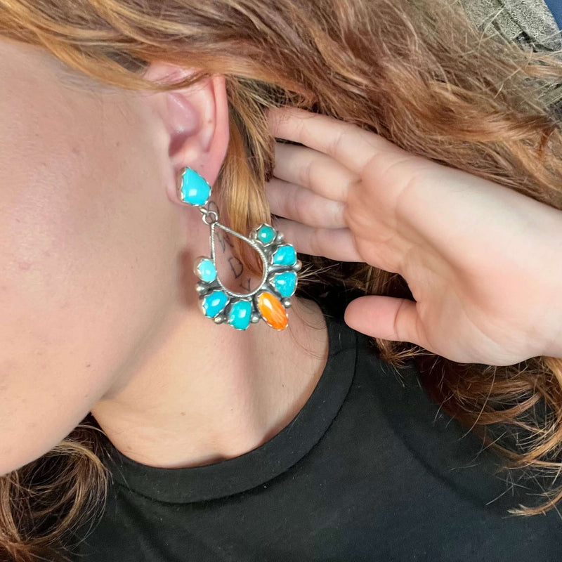 Stunning Statement Turquoise with Orange Spiny Post Sterling Silver Earring