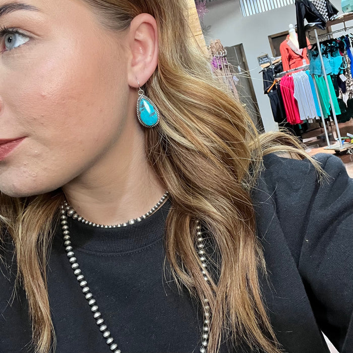 Rare Kingman Turquoise Tear Drop French Hook Sterling Silver Earring
