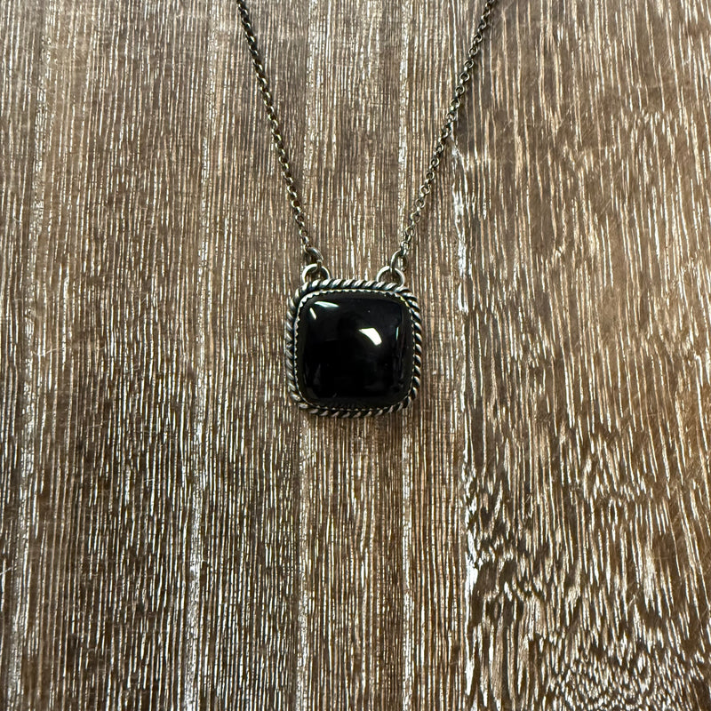 Dainty Black Onyx Square with Detail Genuine Necklace
