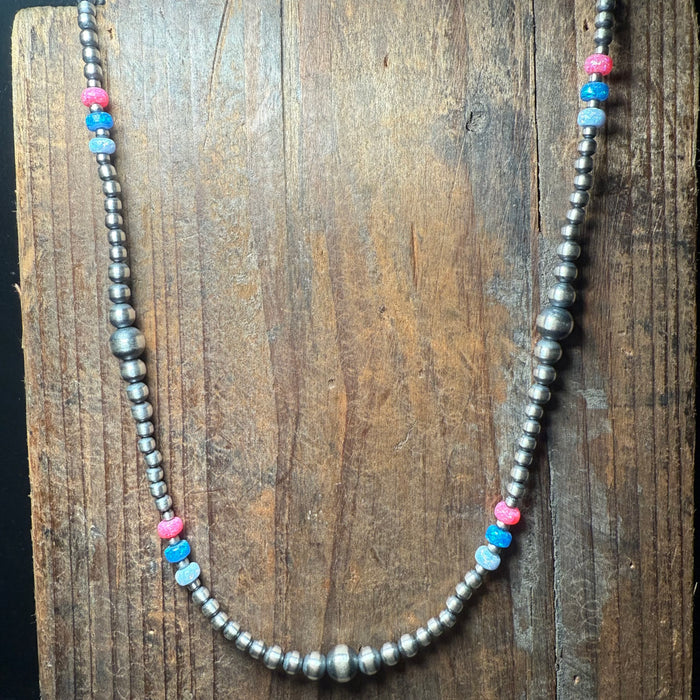 20 inch Patterned Navajo Pearl w/ Hot Pink, Blue, and White Opal Sterling Silver Necklace