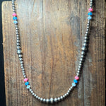 20 inch Patterned Navajo Pearl w/ Hot Pink, Blue, and White Opal Sterling Silver Necklace