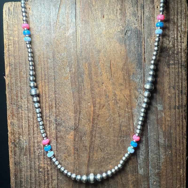 20 inch Patterned Navajo Pearl w/ Hot Pink, Blue, and White Opal Sterling Silver Necklace