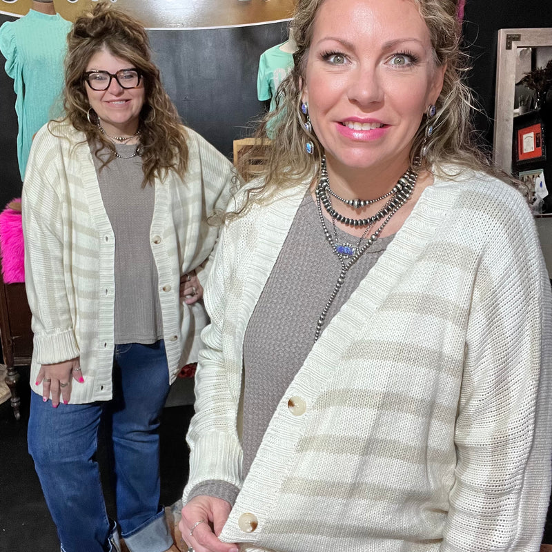 Tan and Taupe Striped Thick Button Down Sweater Cardigan