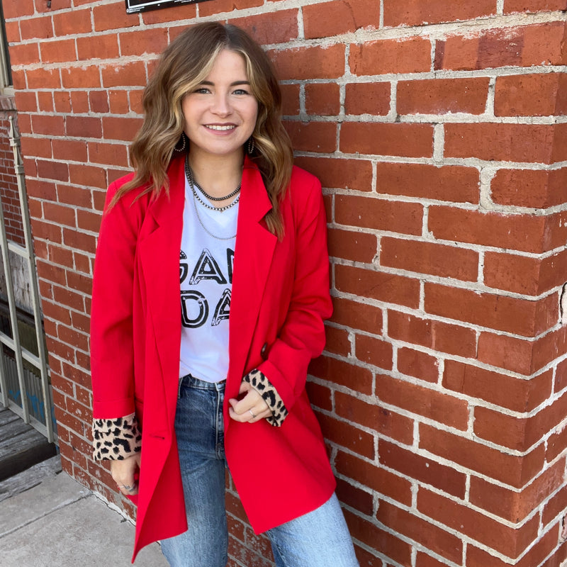 Red With Animal Print Lined Blazer