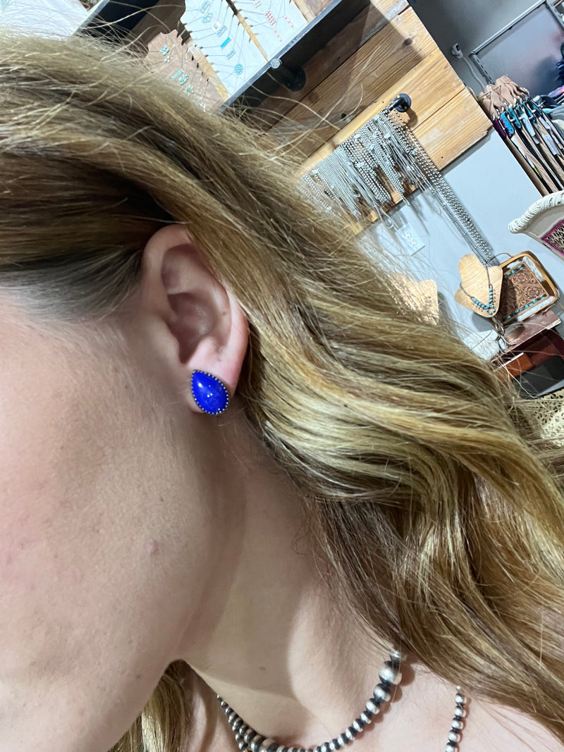 Big Lapis Tear Drop Stud Genuine Earring