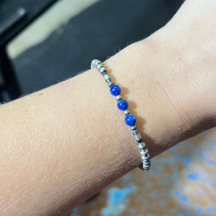 7 Inch 4mm Navajo Pearl with Blue Lapis Sterling Silver Bracelet