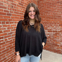 Plus Size Dolman Black Waffle V Neck 3/4 Sleeve Top