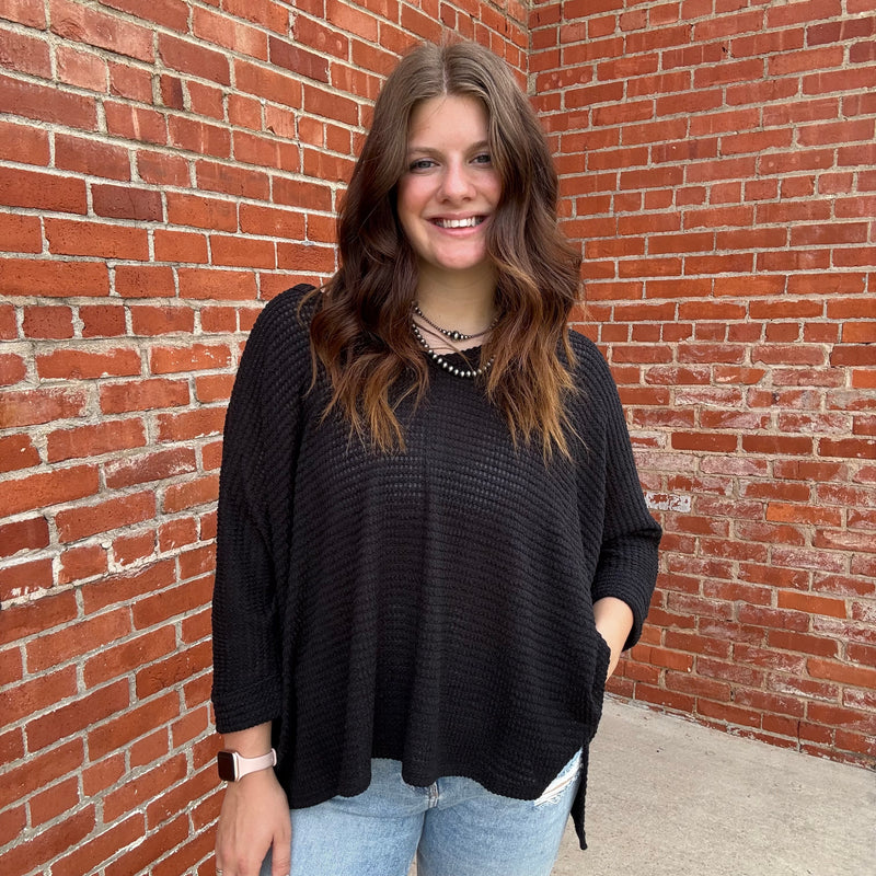 Plus Size Dolman Black Waffle V Neck 3/4 Sleeve Top