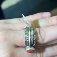 Feather Detailed Band with Red Stone Sterling Silver Ring
