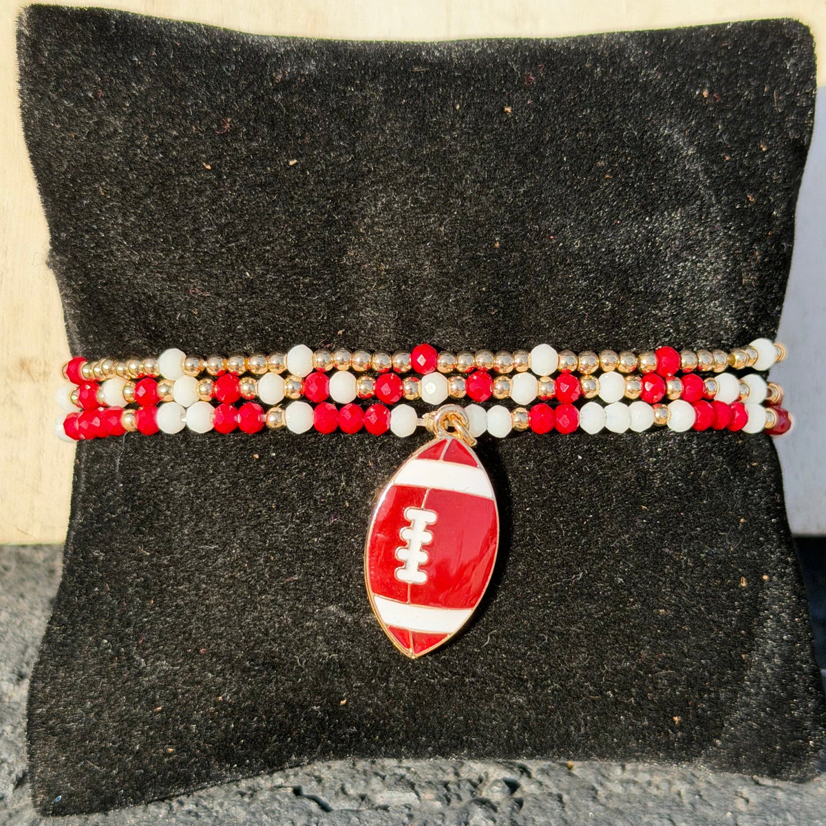 3 Bundle Burgundy & White Football Beaded with Gold Fashion Stretchy Bracelet - Country Lace Boutique