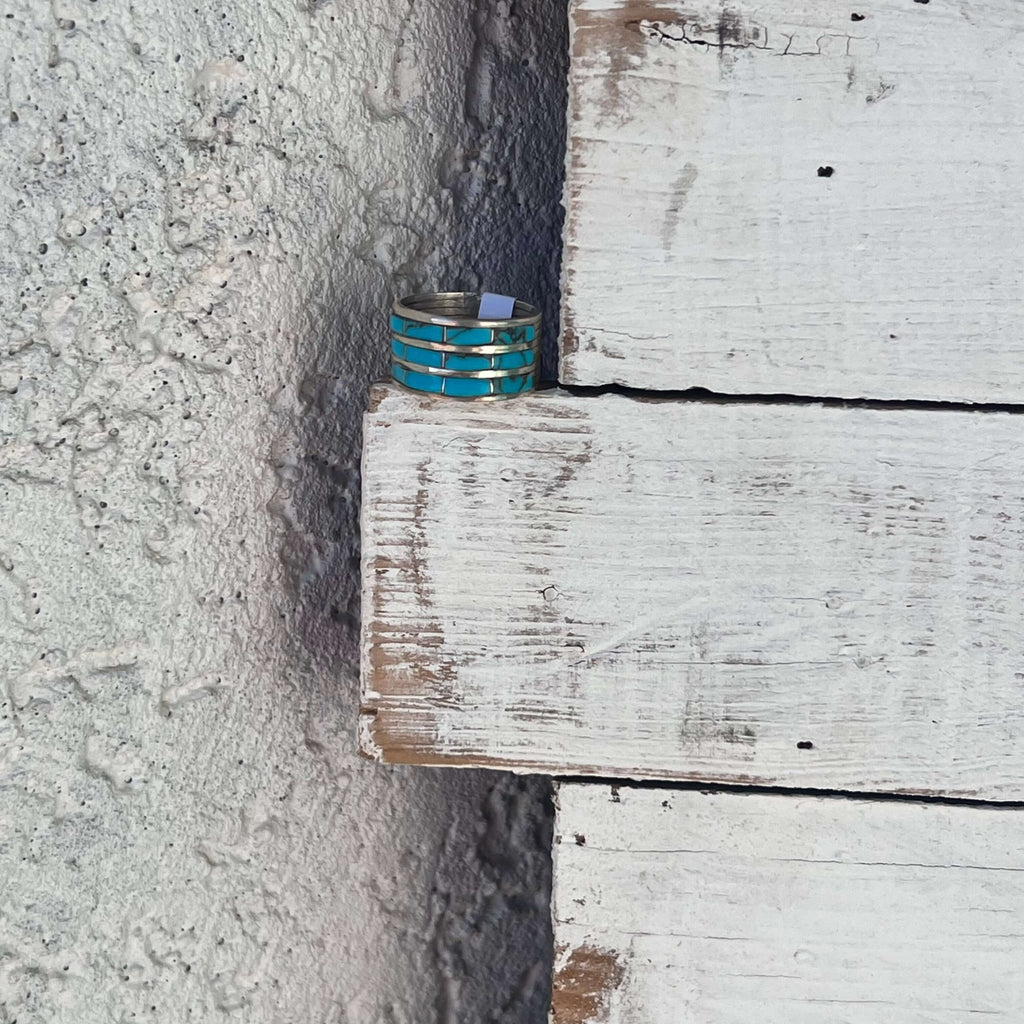 3 Row Inlay Kingman Turquoise Sterling Silver Ring size 7 - Country Lace Boutique