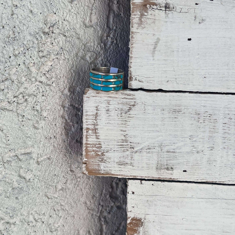 3 Row Inlay Kingman Turquoise Sterling Silver Ring size 7 - Country Lace Boutique