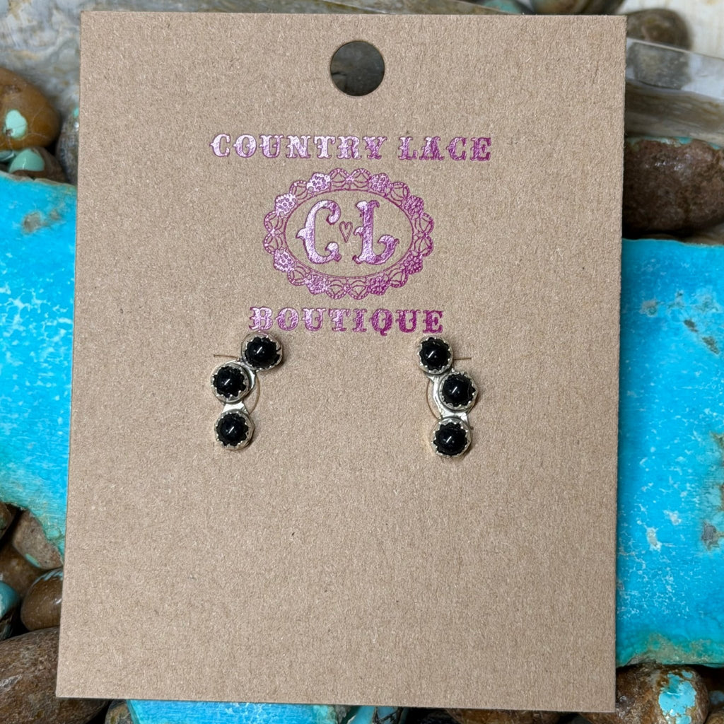 3 Stone Black Onyx Crawler Post Sterling Silver Earring - Country Lace Boutique
