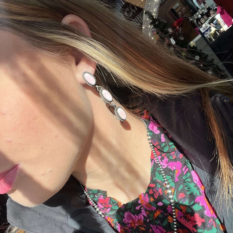 3 Stone Drop Pink Conch Post Sterling Silver Earring - Country Lace Boutique