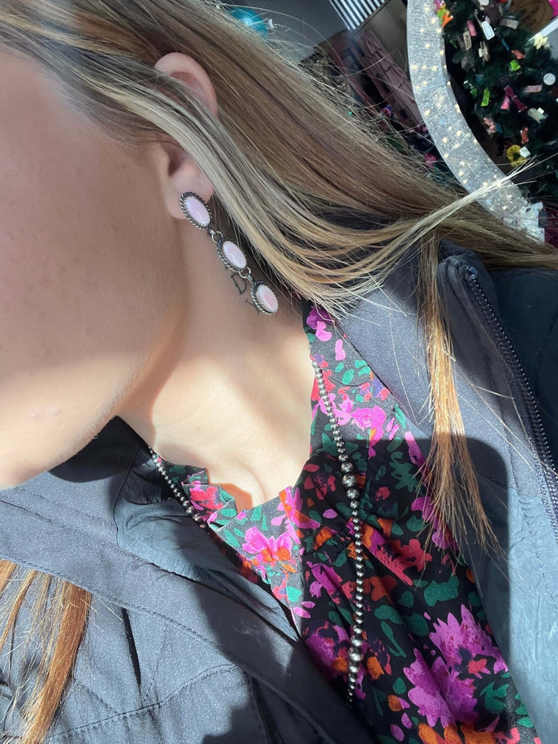 3 Stone Drop Pink Conch Post Sterling Silver Earring - Country Lace Boutique