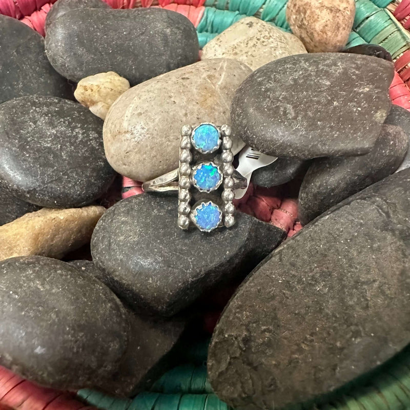 3 Stone Light Blue Opal Vertical Sterling Silver Ring - Country Lace Boutique