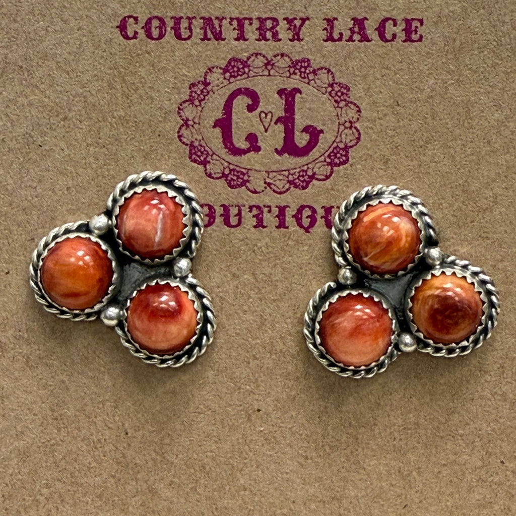 3 Stone Orange Spiny Triangle Post Sterling Silver Earring - Country Lace Boutique