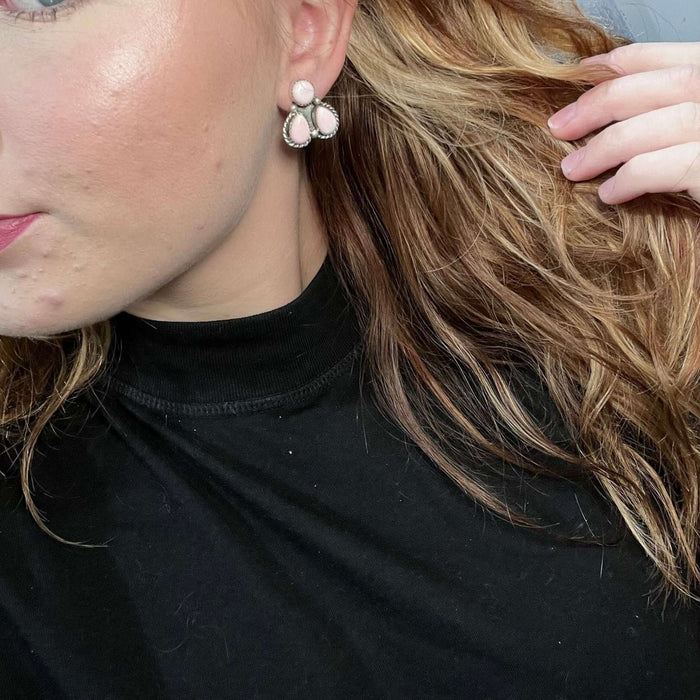 3 Stone Pink Conch Half Cluster Post Sterling Silver Earring 