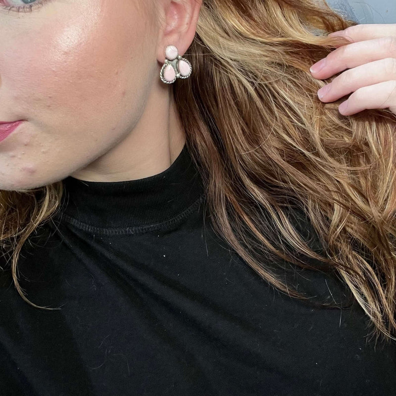 3 Stone Pink Conch Half Cluster Post Sterling Silver Earring 